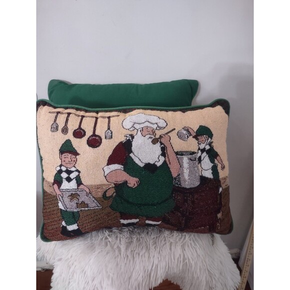Christmas Tapestry Pillows Cushions Santa w/elves   Set Of 2 - Picture 5 of 8